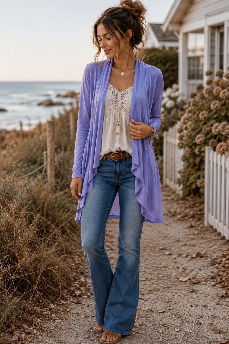 Women’s Lavender Open Front Cardigan Long Lightweight Knit Boho M/L